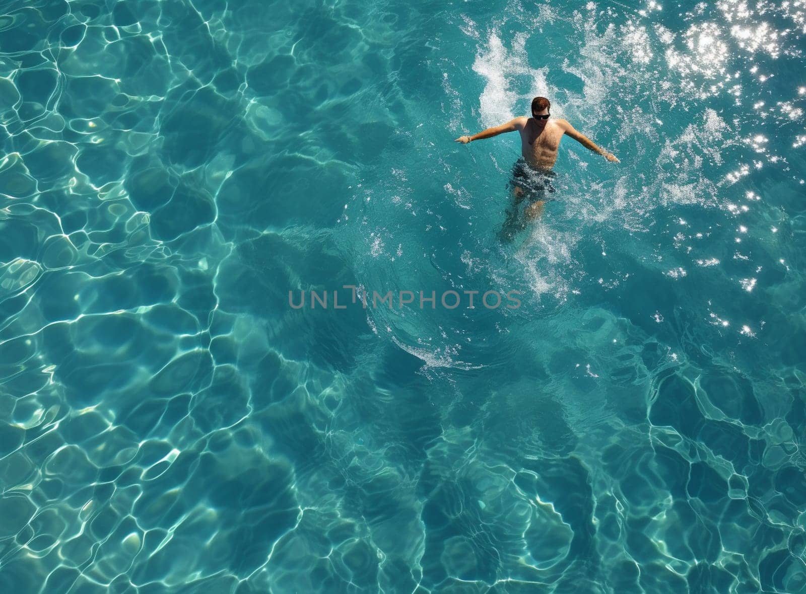 Young man swimming in the blue water. High quality photo