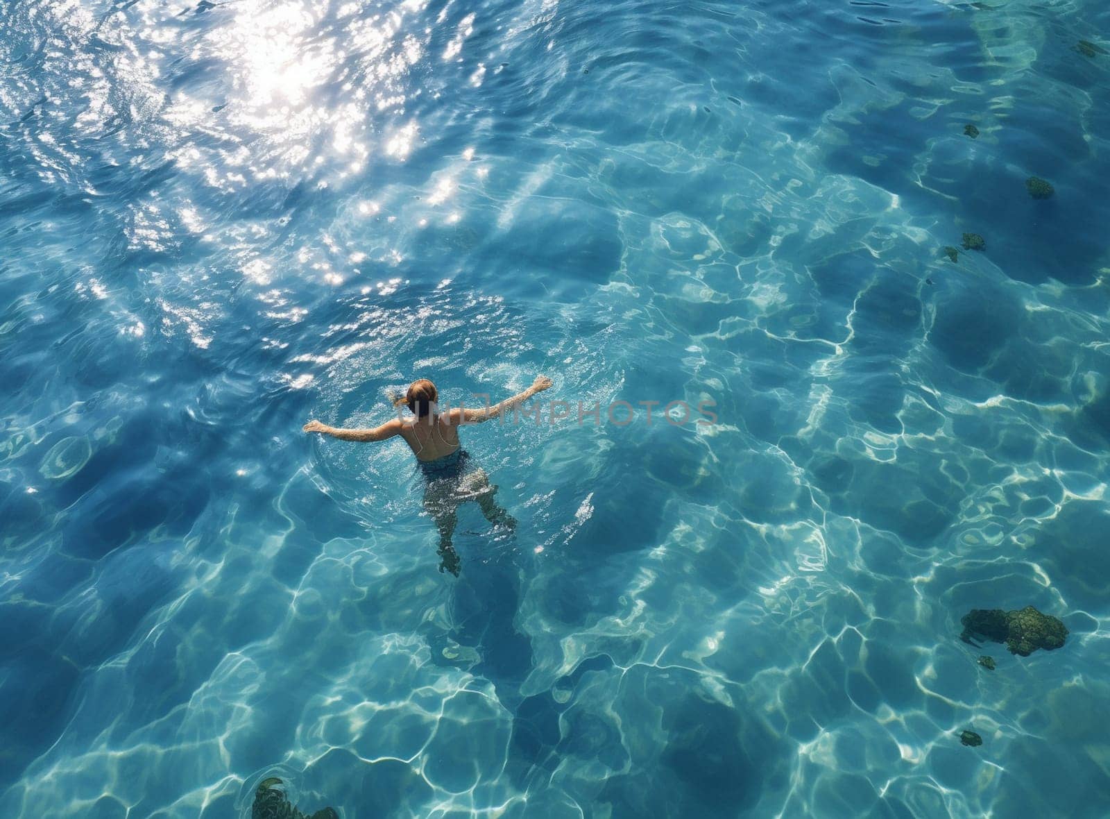 Young man swimming in the blue water. High quality photo