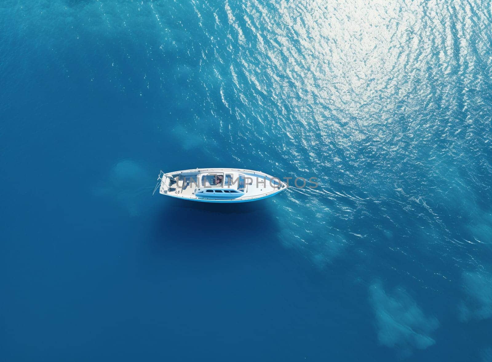 Aerial drone photo of small luxury yacht cruising in deep blue sea near Aegean island, Greece. High quality photo
