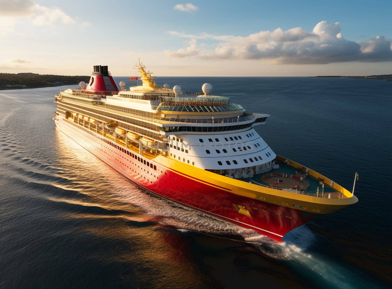 Cruise ship in a sea against a dramatic sunset sky. High quality photo