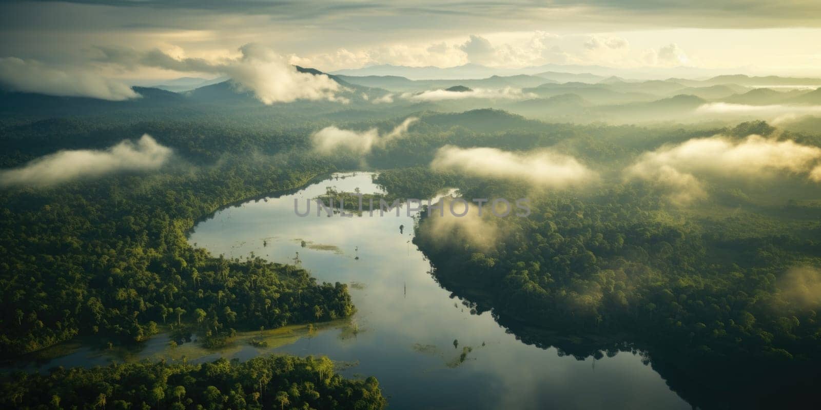 Aerial view of dark green forest with misty clouds. The rich natural ecosystem of rainforest concept of natural forest conservation and reforestation. AI Generated