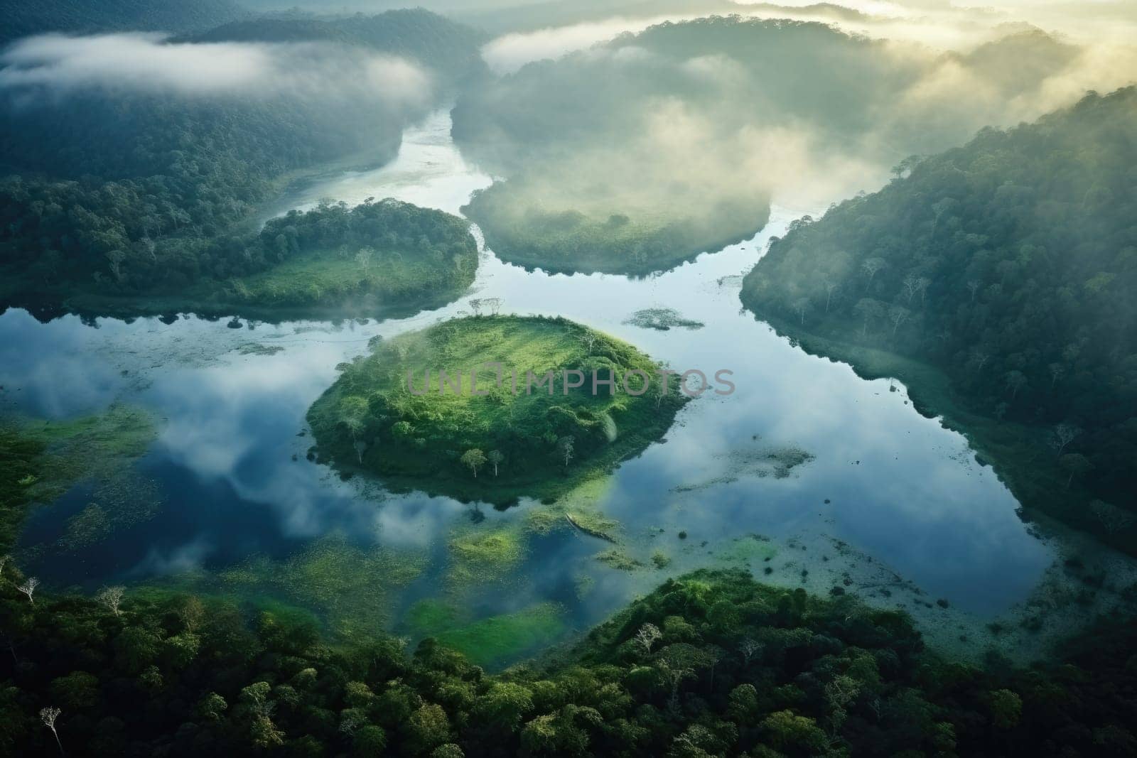 Aerial view of dark green forest with misty clouds. AI Generated by Desperada