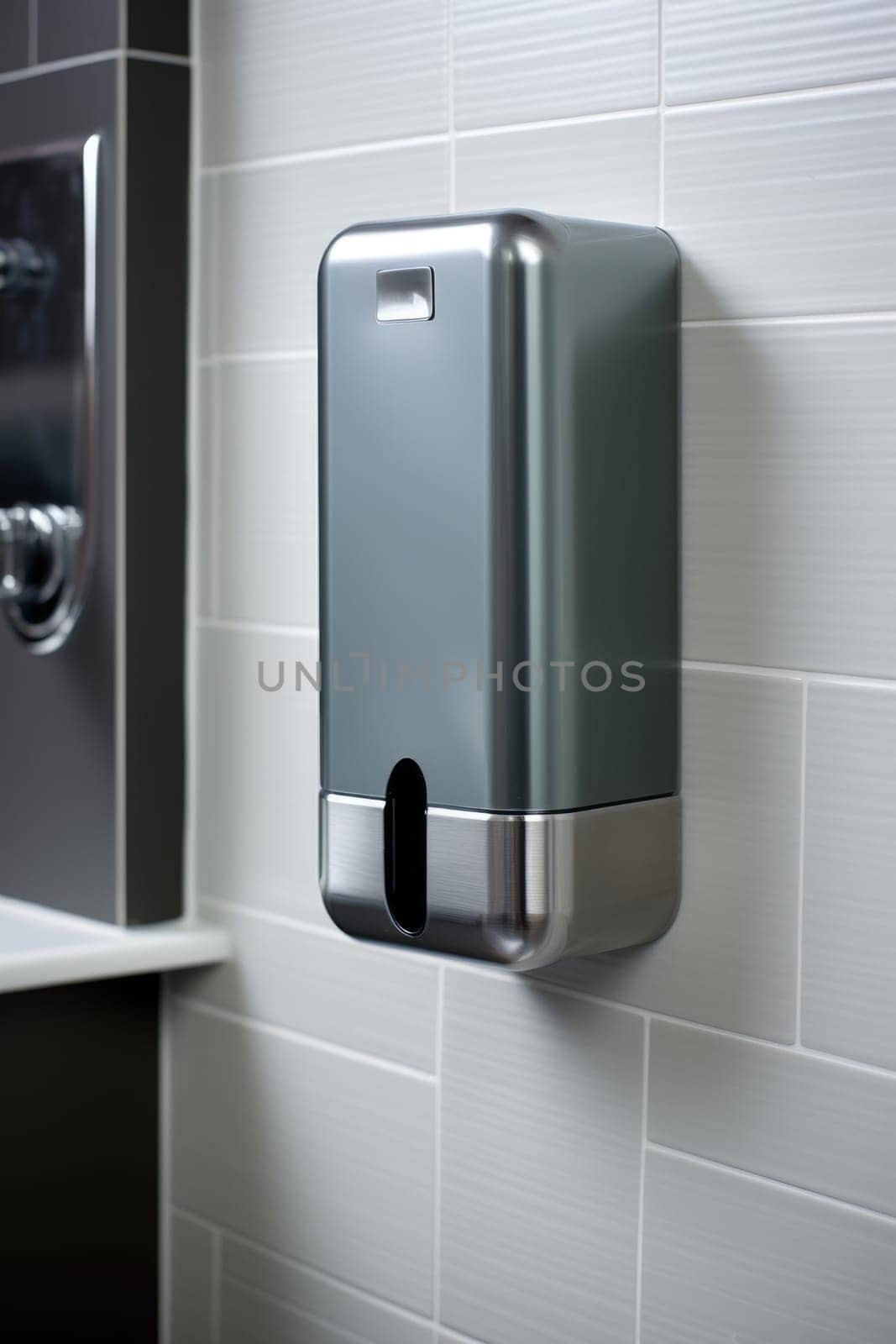 Soap dispenser in modern bathroom window interior. AI Generated