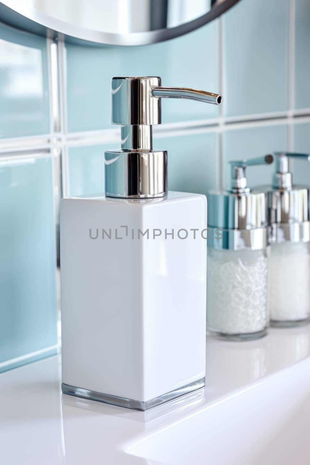 Soap dispenser in modern bathroom window interior. AI Generated