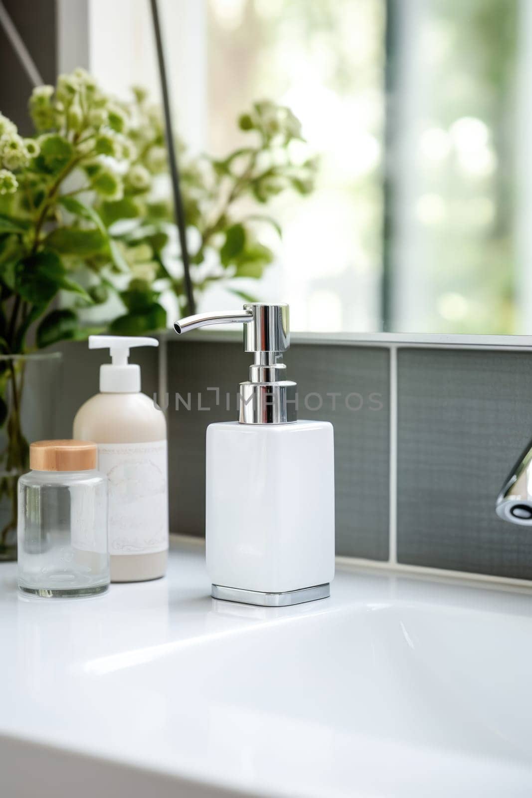 Soap dispenser in modern bathroom window interior. AI Generated