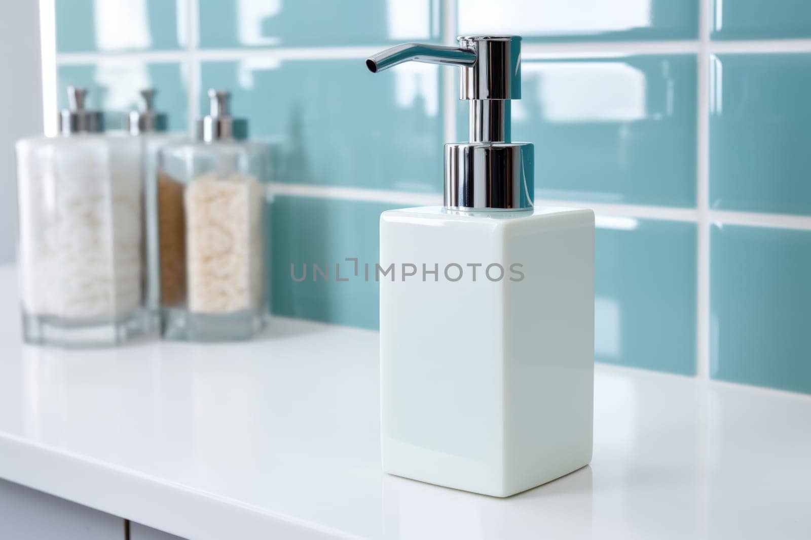 Soap dispenser in bathroom window interior. AI Generated by Desperada