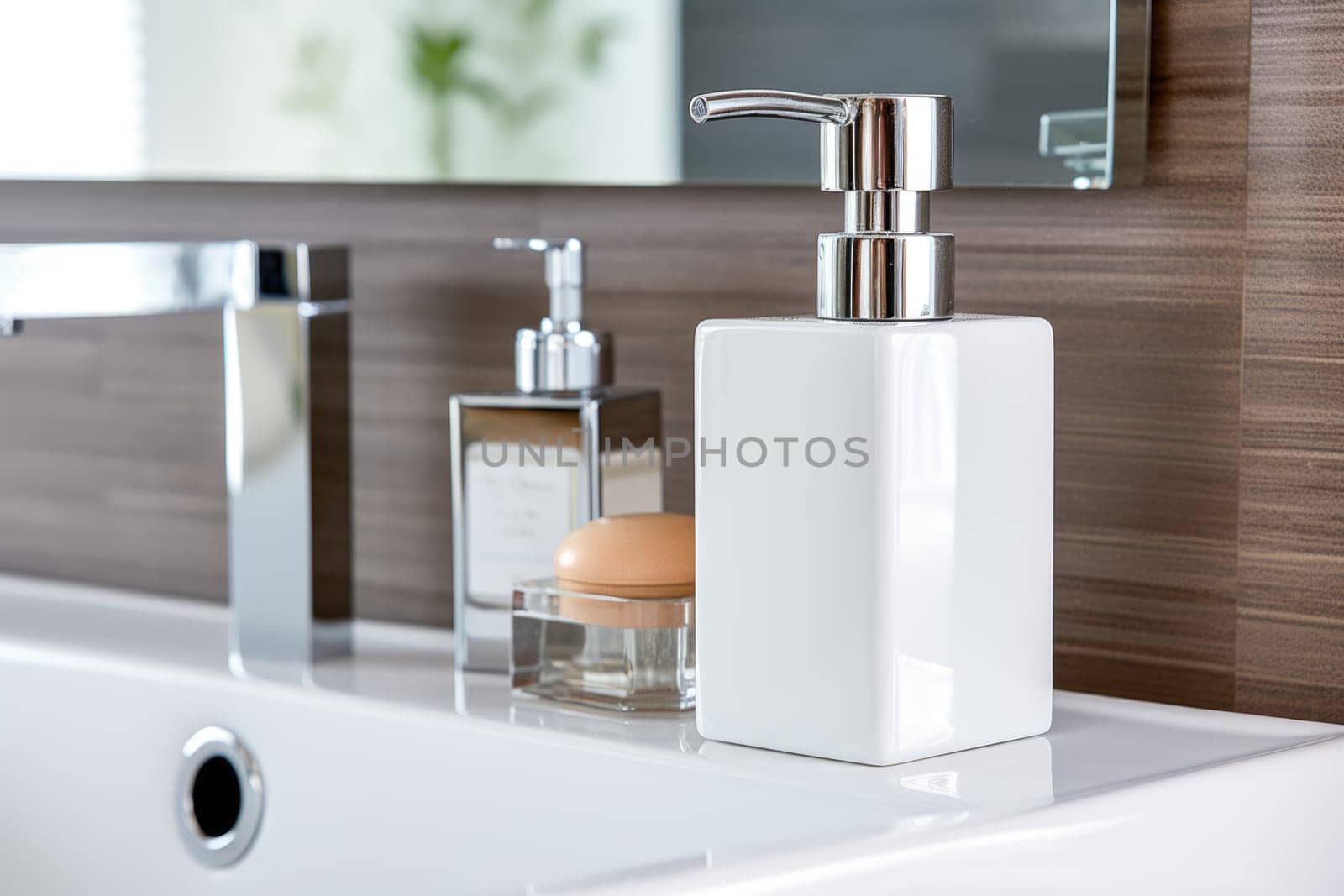 Soap dispenser in modern bathroom window interior. AI Generated