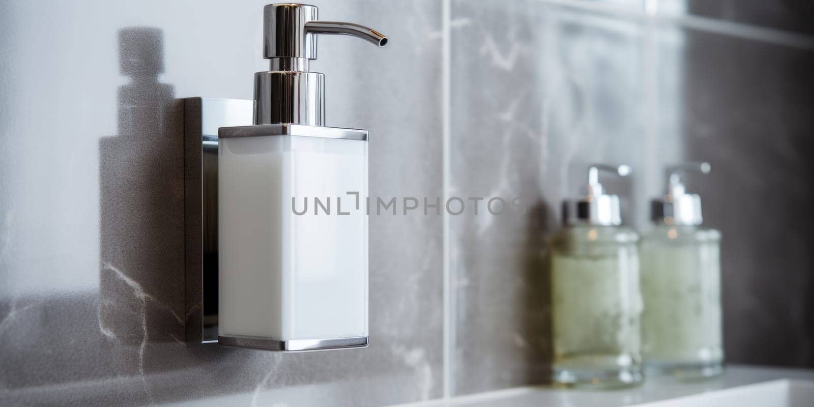 Soap dispenser in modern bathroom window interior. AI Generated