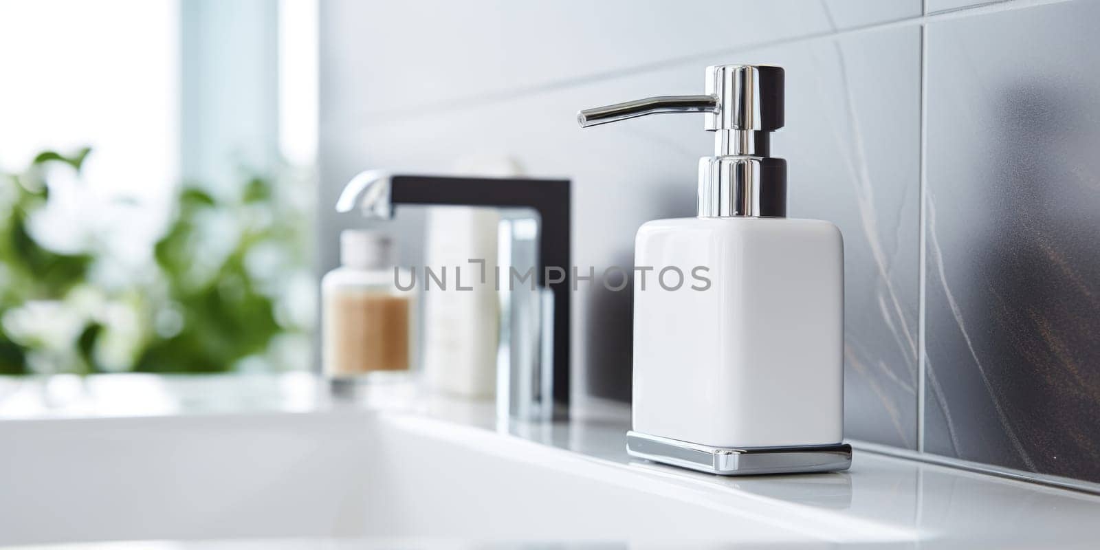 Soap dispenser in modern bathroom window interior. AI Generated