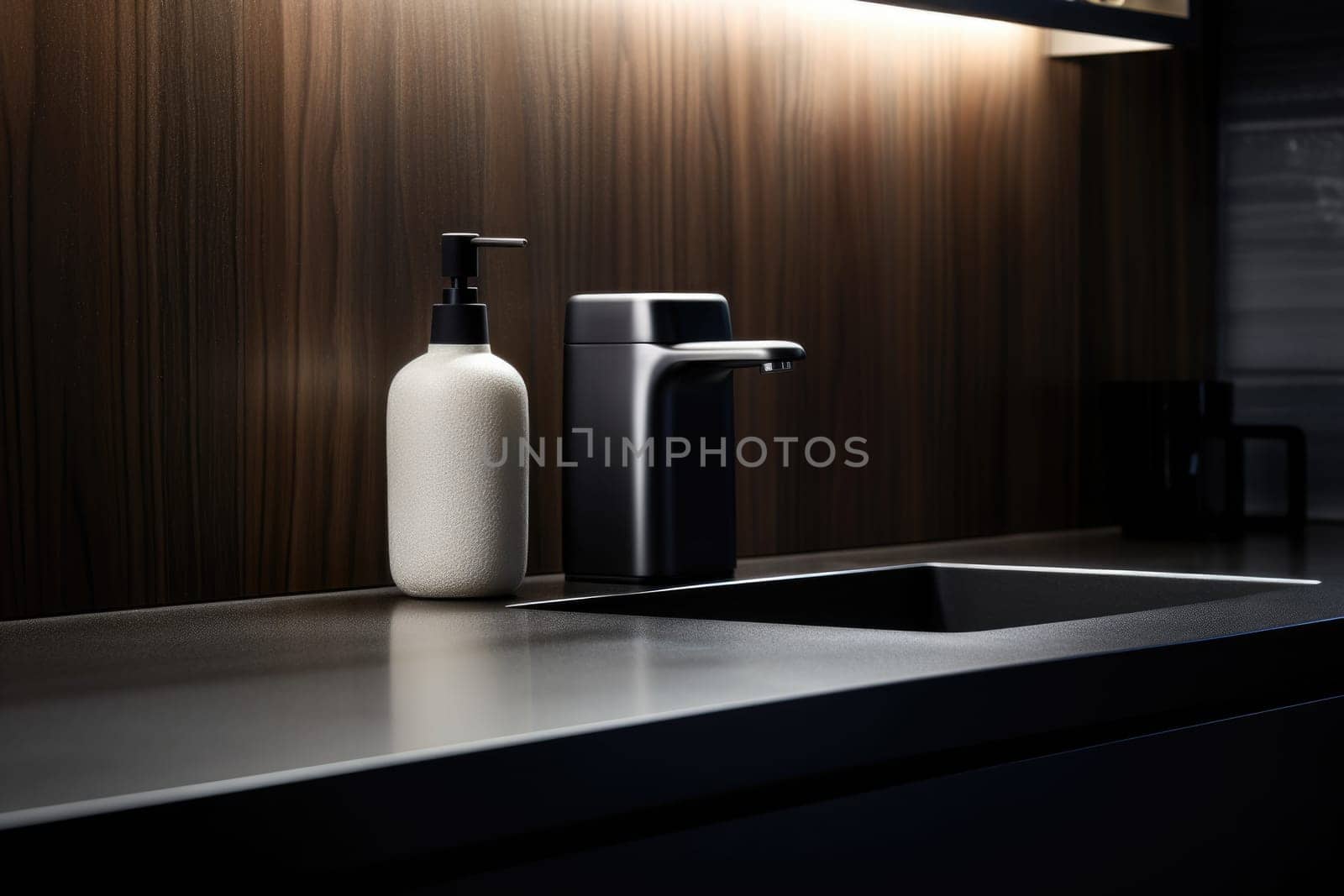 Soap dispenser in dark bathroom interior. AI Generated