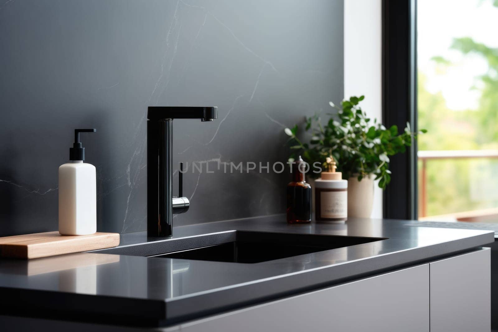 Soap dispenser in dark bathroom interior. AI Generated