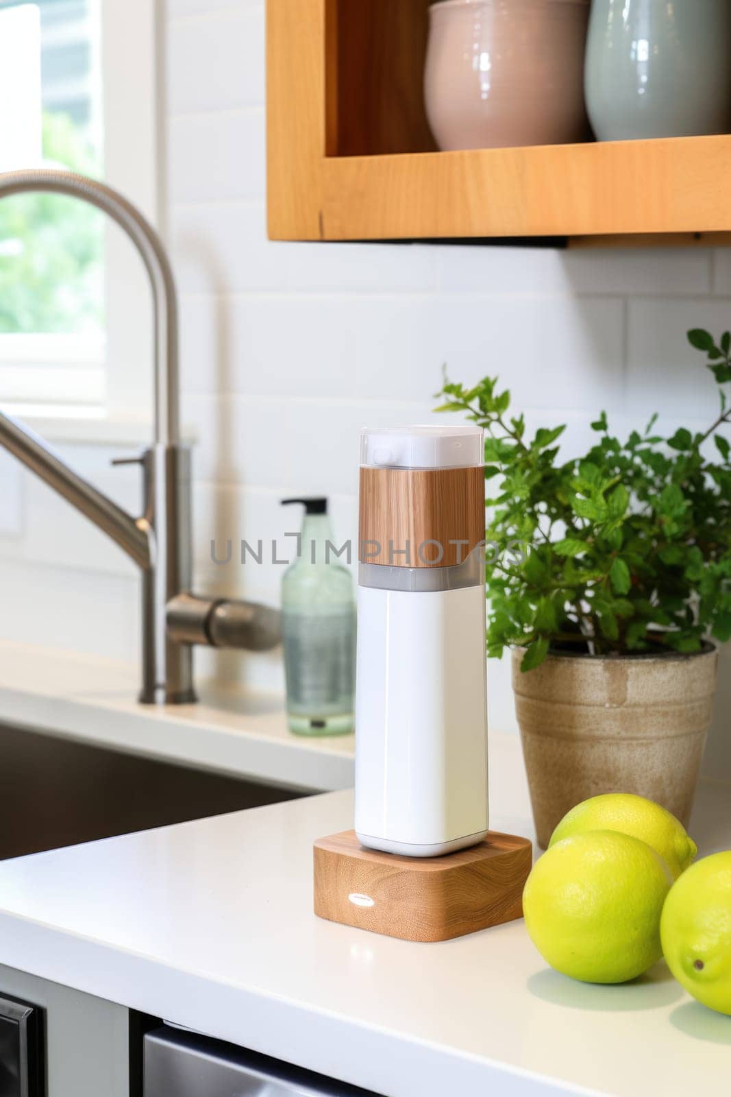 Soap dispenser in modern kitchen interior. AI Generated