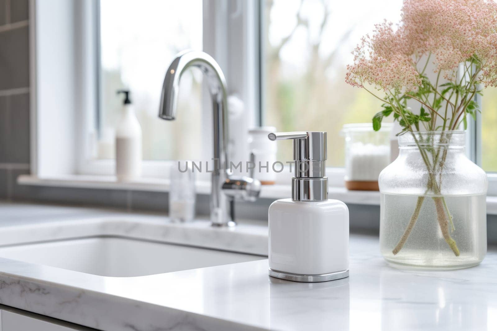 Soap dispenser in modern kitchen interior. AI Generated