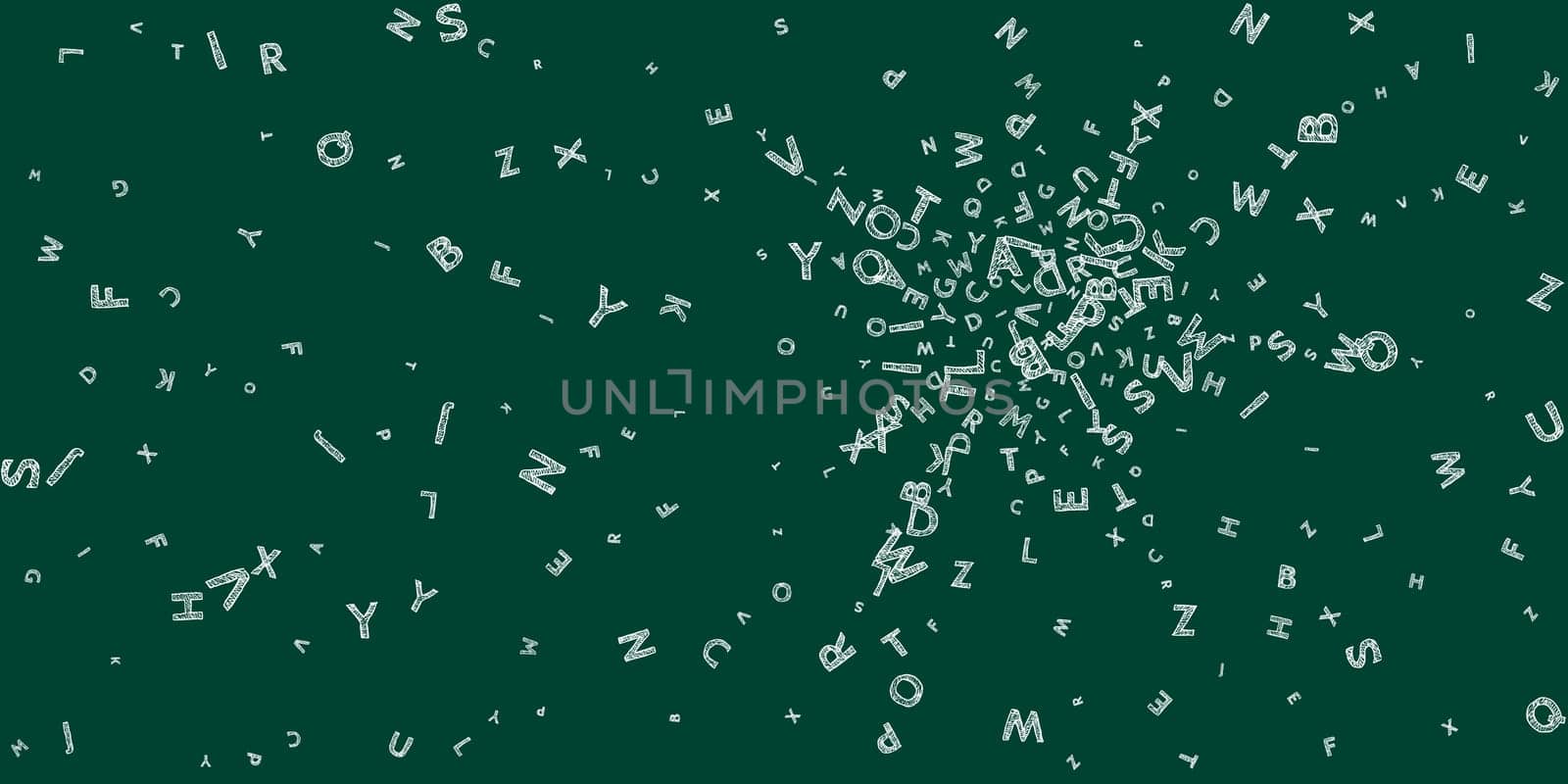 Falling letters of English language. Chalk handdrawn flying words of Latin alphabet. Foreign languages study concept. Symmetrical back to school banner on blackboard background.