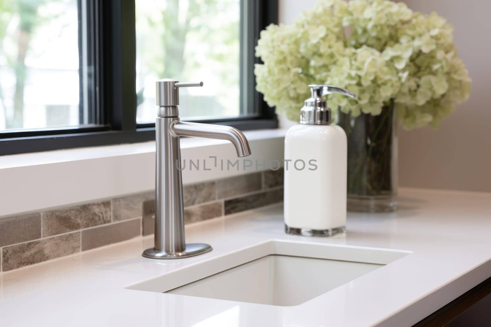 Soap dispenser in modern kitchen interior. AI Generated