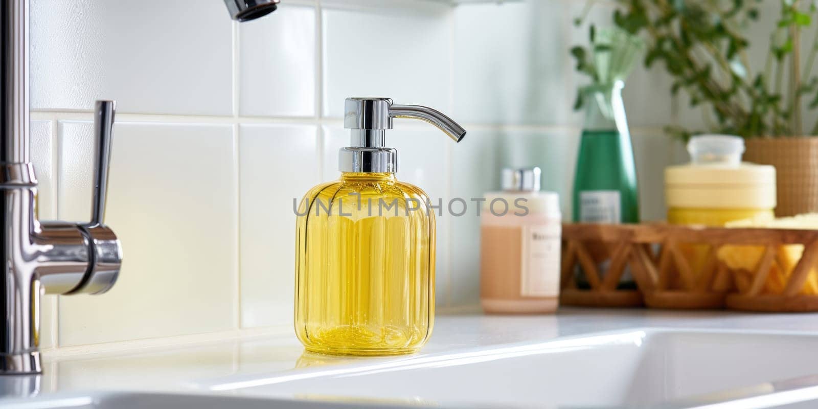 Soap dispenser in kitchen interior. AI Generated by Desperada