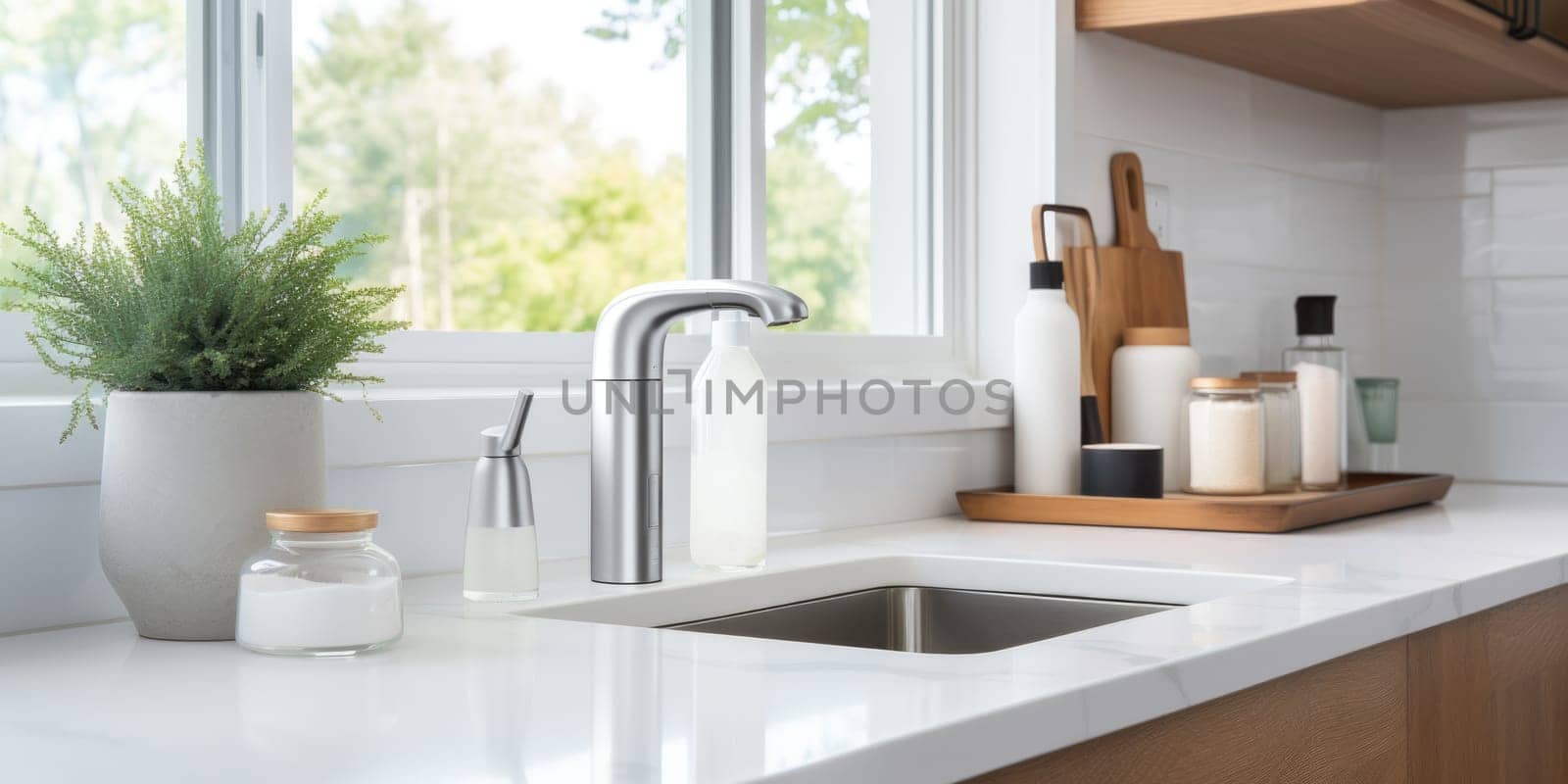 Soap dispenser in modern kitchen interior. AI Generated