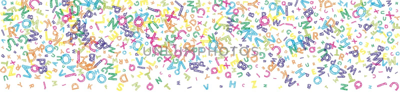 Falling letters of English language. Colorful messy sketch flying words of Latin alphabet. Foreign languages study concept. Resplendent back to school banner on white background.