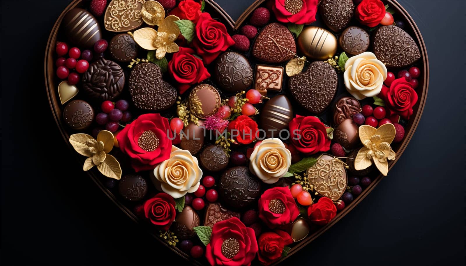 Red heart-shaped box for Valentine's Day, with delicious chocolate and flowers. with dark background to give as a gift. Romantic candies copy space Happy Valentine Space for text