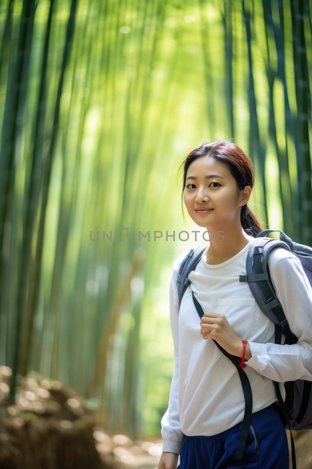 Eco travel and responsible tourism. Asian woman walking at Bamboo Forest. AI Generated