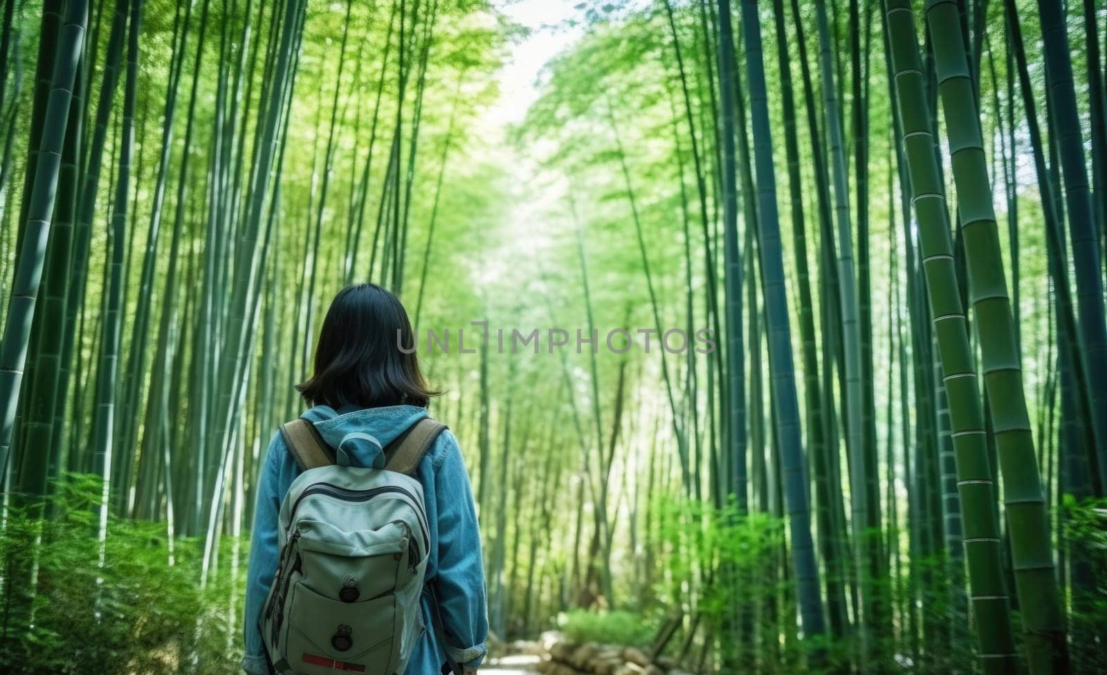 asian woman walking at Bamboo Forest. AI Generated by Desperada