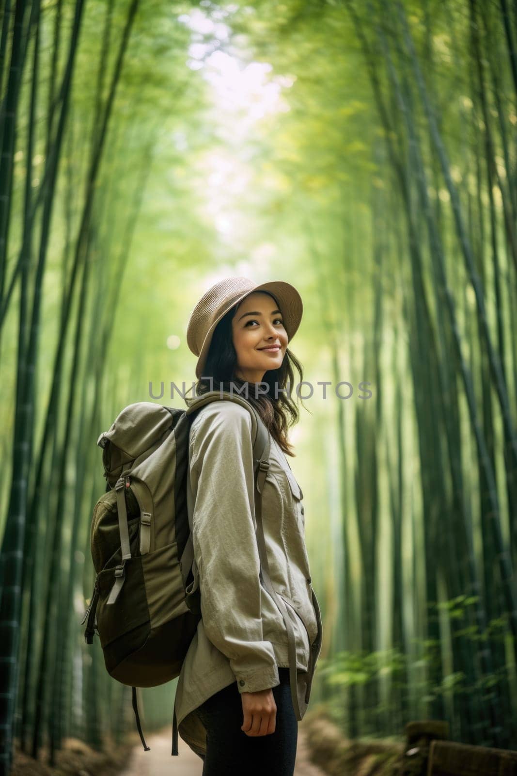 Eco travel and responsible tourism. Asian woman walking at Bamboo Forest. AI Generated