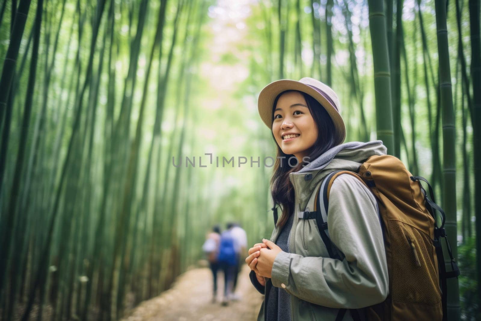 Eco travel and responsible tourism. Asian woman walking at Bamboo Forest. AI Generated