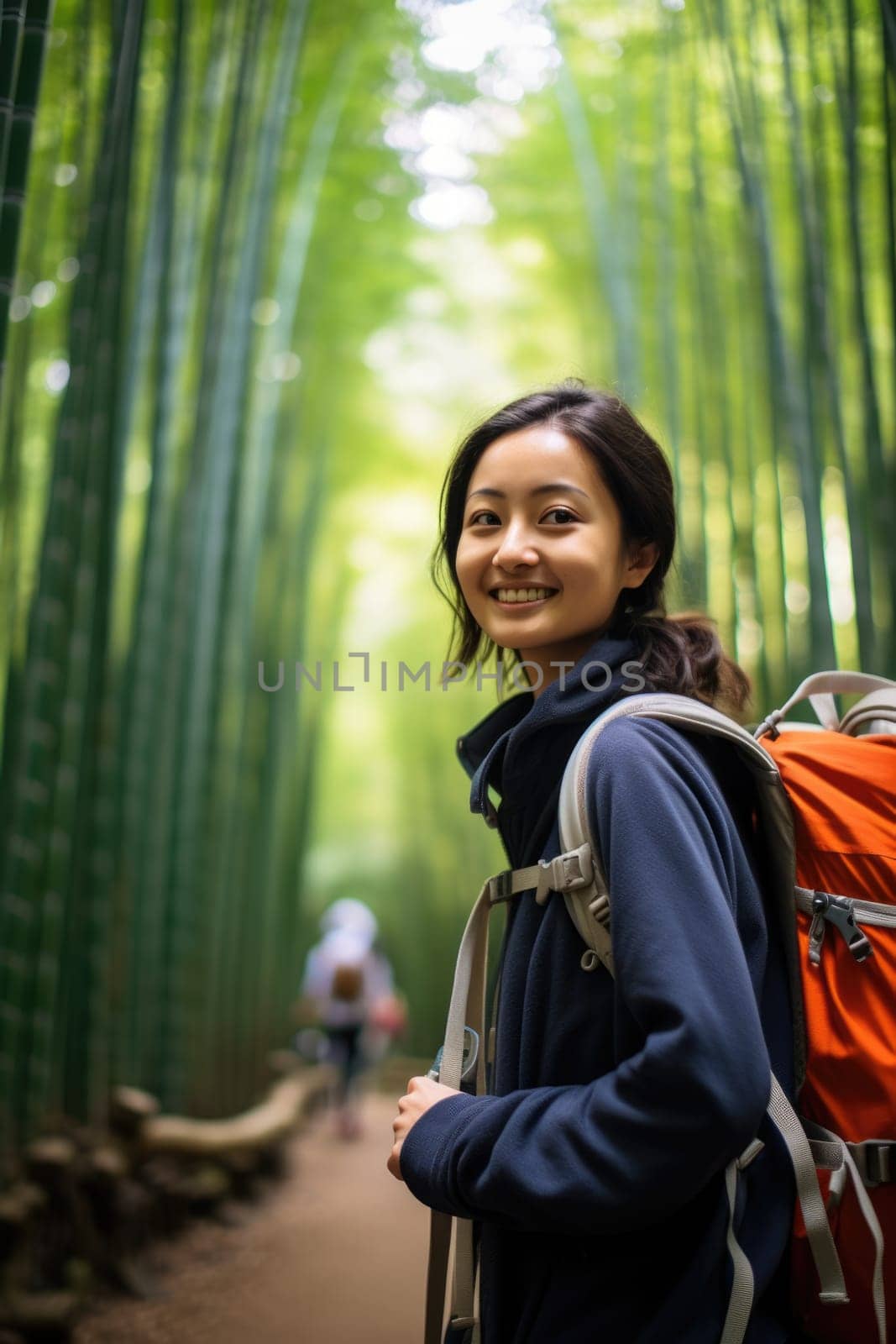 Eco travel and responsible tourism. Asian woman walking at Bamboo Forest. AI Generated