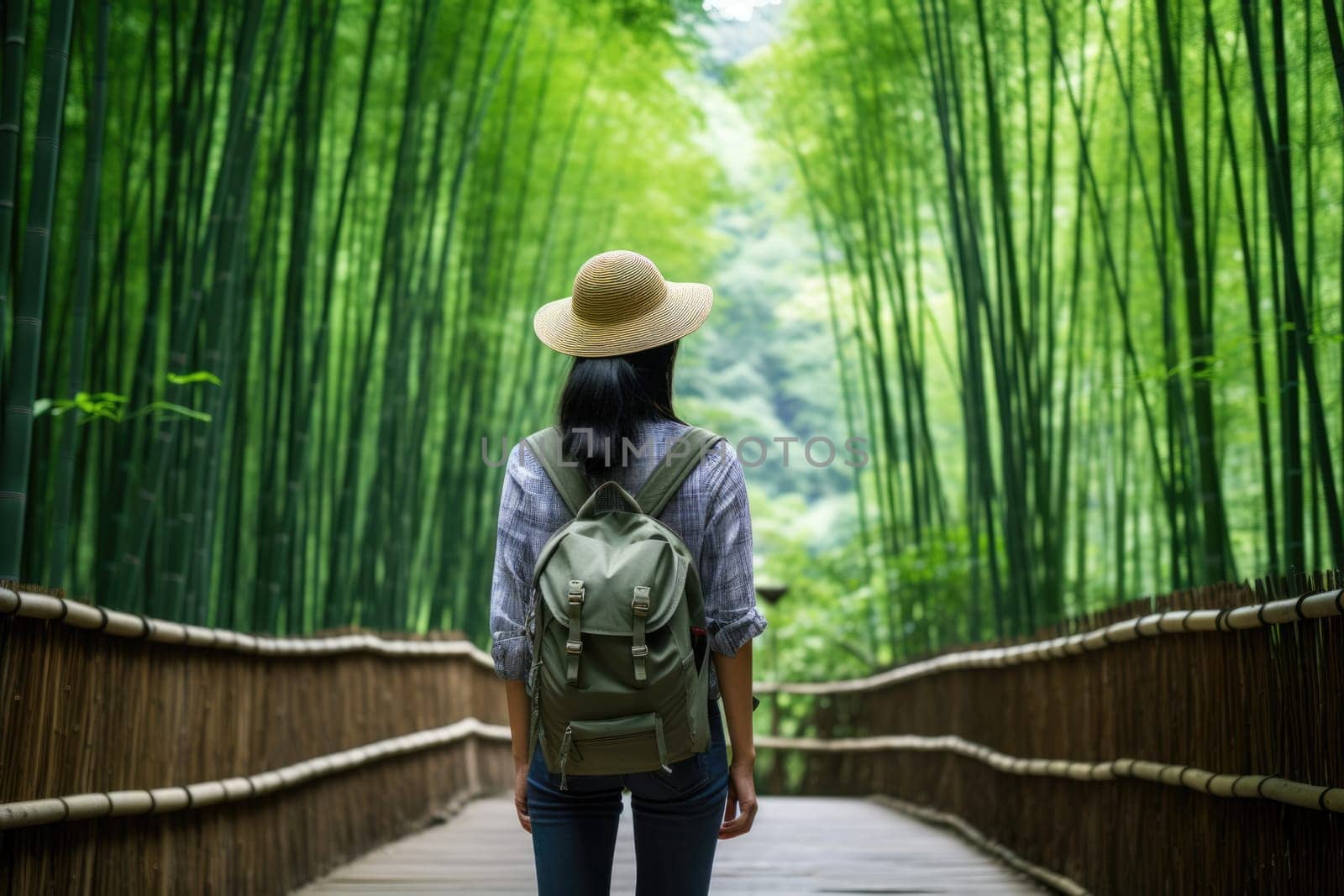 asian woman walking at Bamboo Forest. AI Generated by Desperada