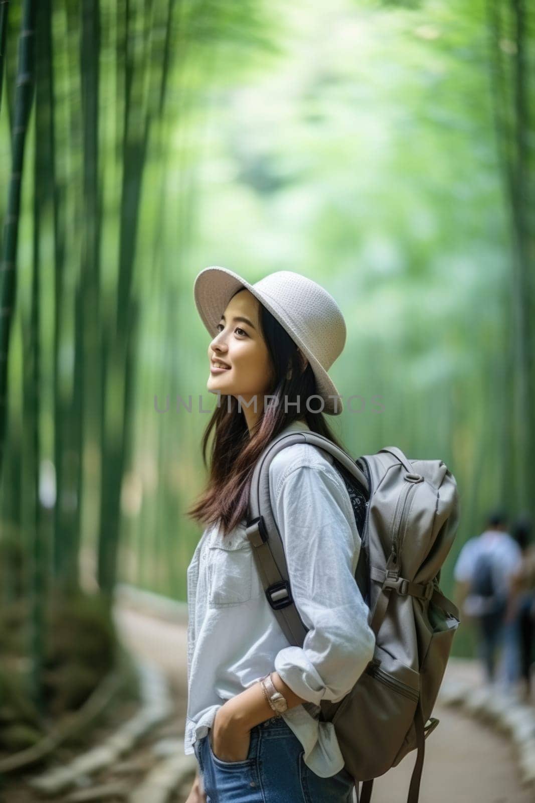 Eco travel and responsible tourism. Asian woman walking at Bamboo Forest. AI Generated