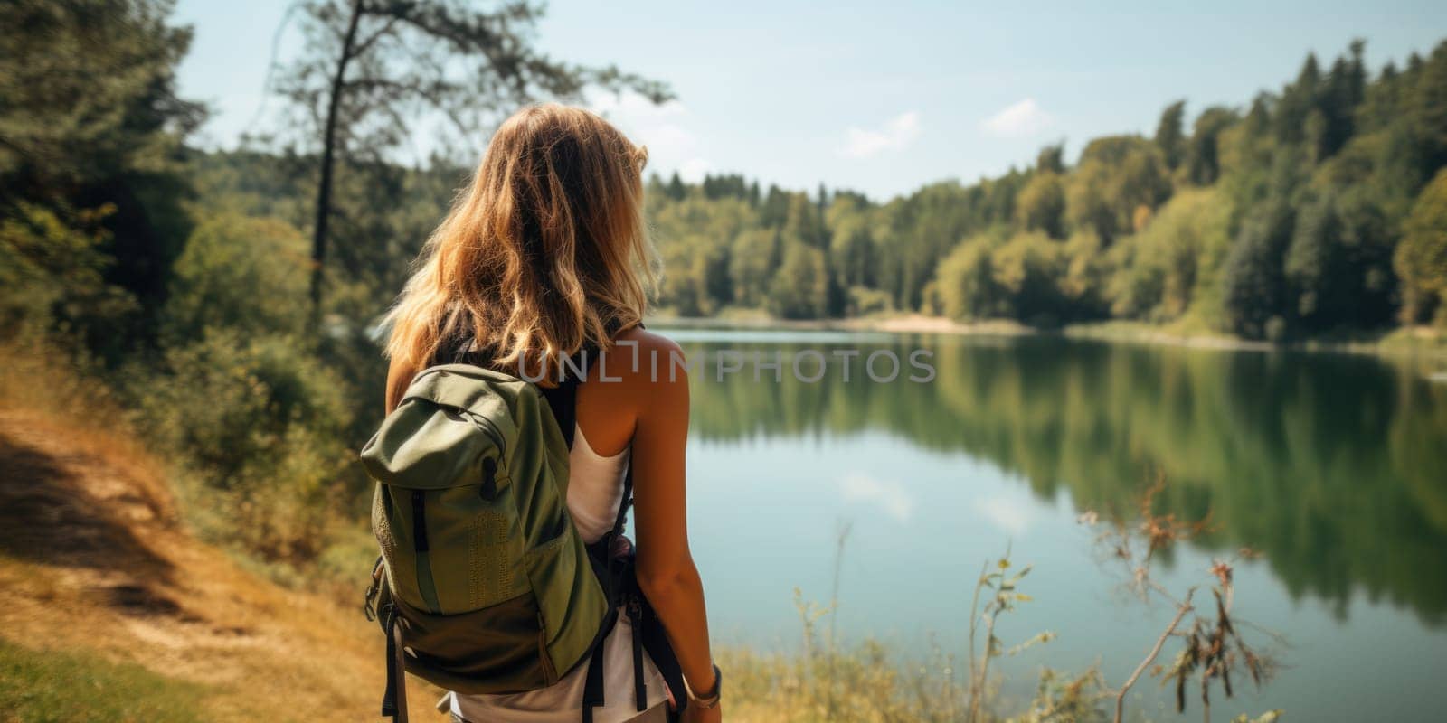 Eco travel and responsible tourism. young attractive woman hiker with backpack near mountain lake. AI Generated