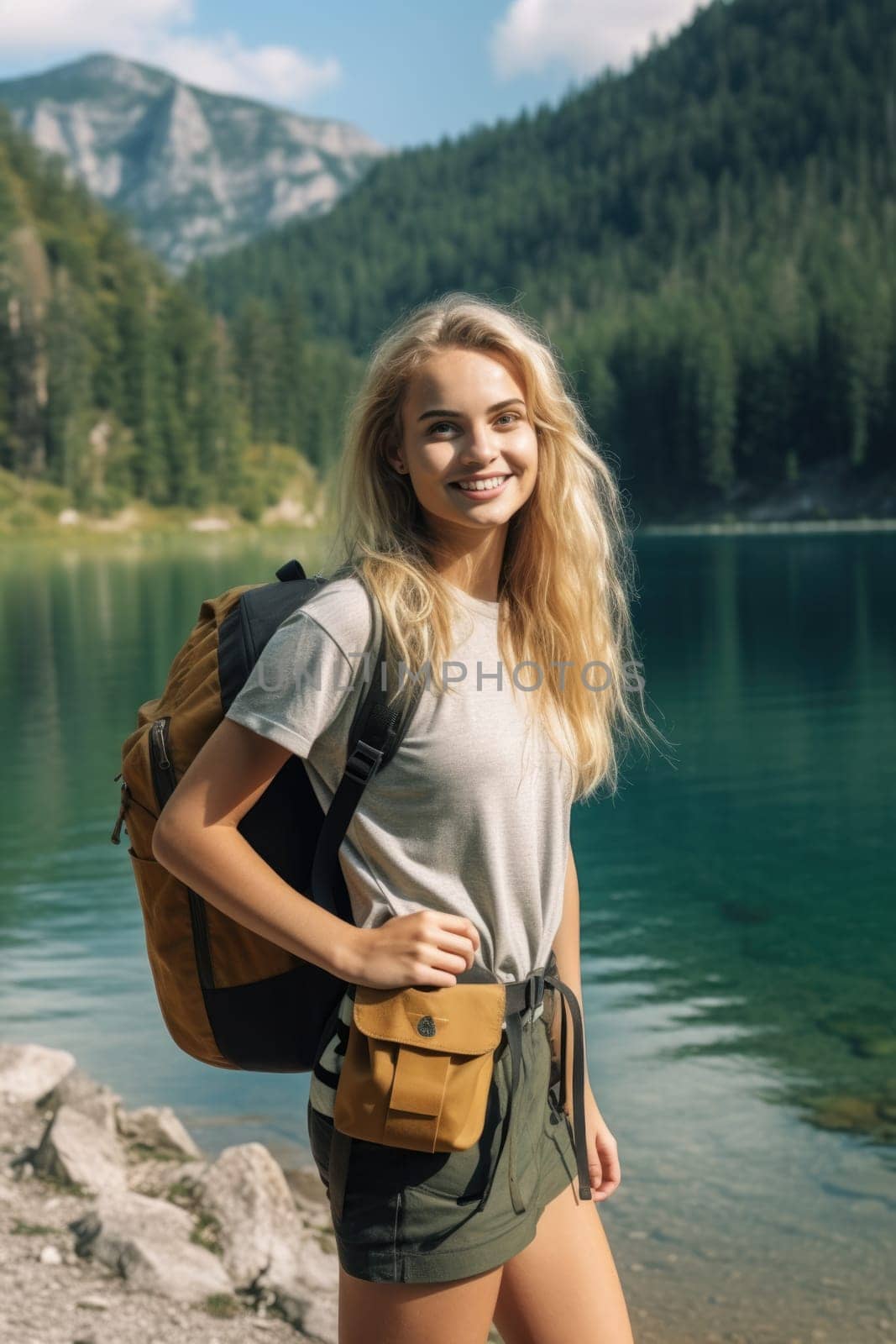 young attractive woman hiker with backpack near mountain lake. AI Generated by Desperada