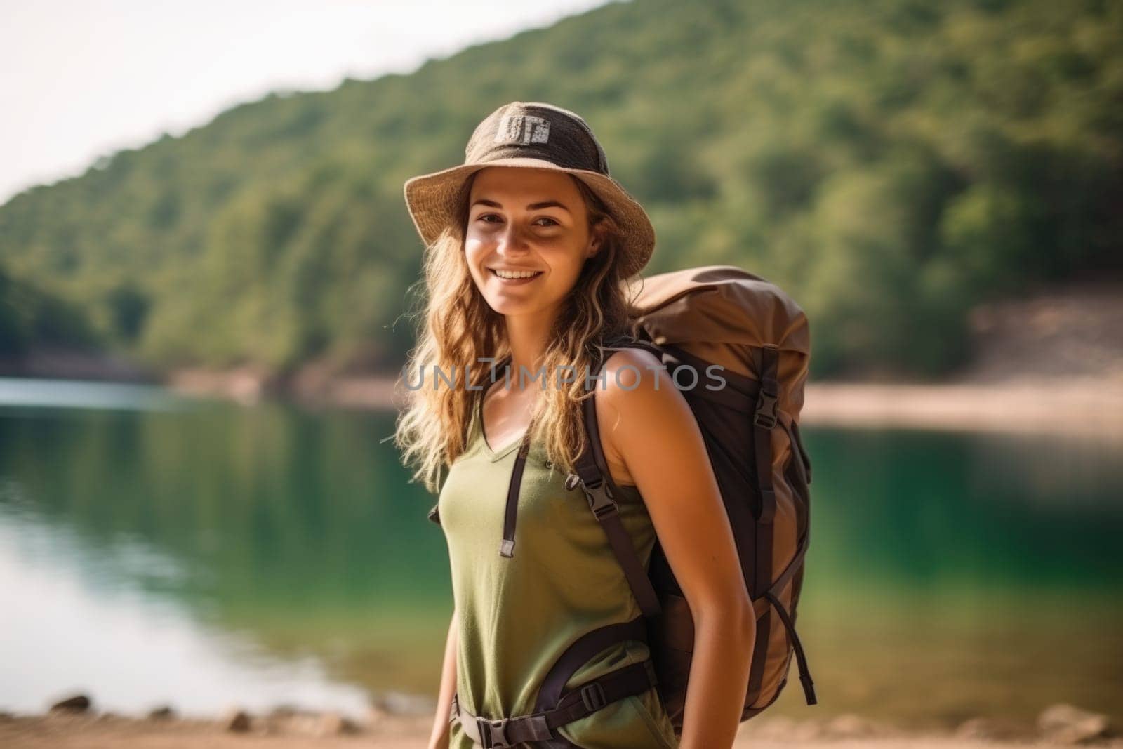 young attractive woman hiker with backpack near mountain lake. AI Generated by Desperada