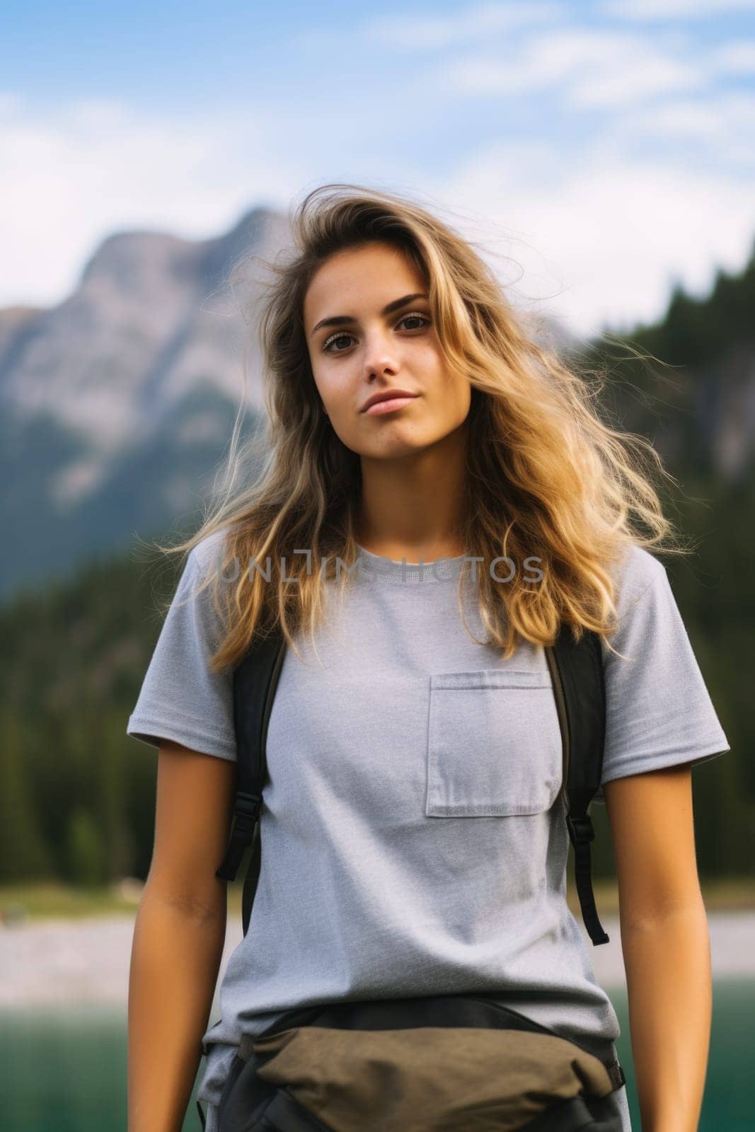 young attractive woman hiker with backpack near mountain lake. AI Generated by Desperada