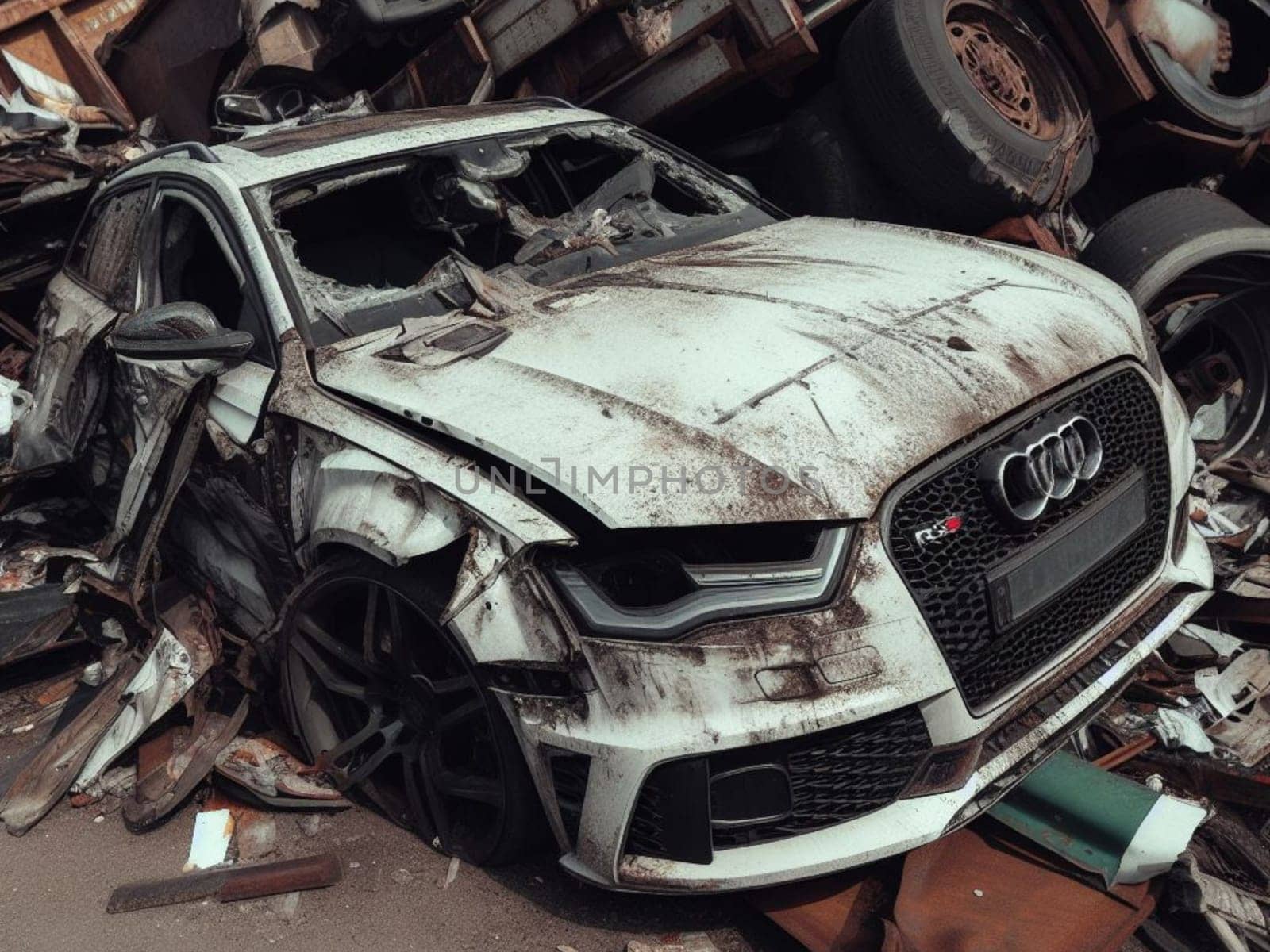 Crashed abandoned rusty expensive luxurious atmospheric 4 door powerful as circulation banned for co2 emission 2030 agenda dystopian concept ai generated