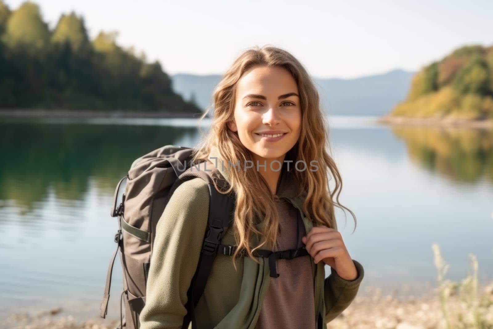 young attractive woman hiker with backpack near mountain lake. AI Generated by Desperada