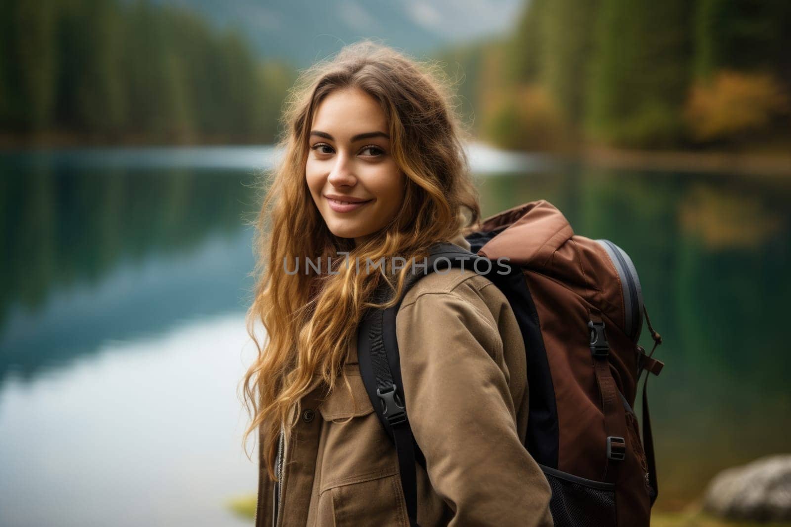 young attractive woman hiker with backpack near mountain lake. AI Generated by Desperada