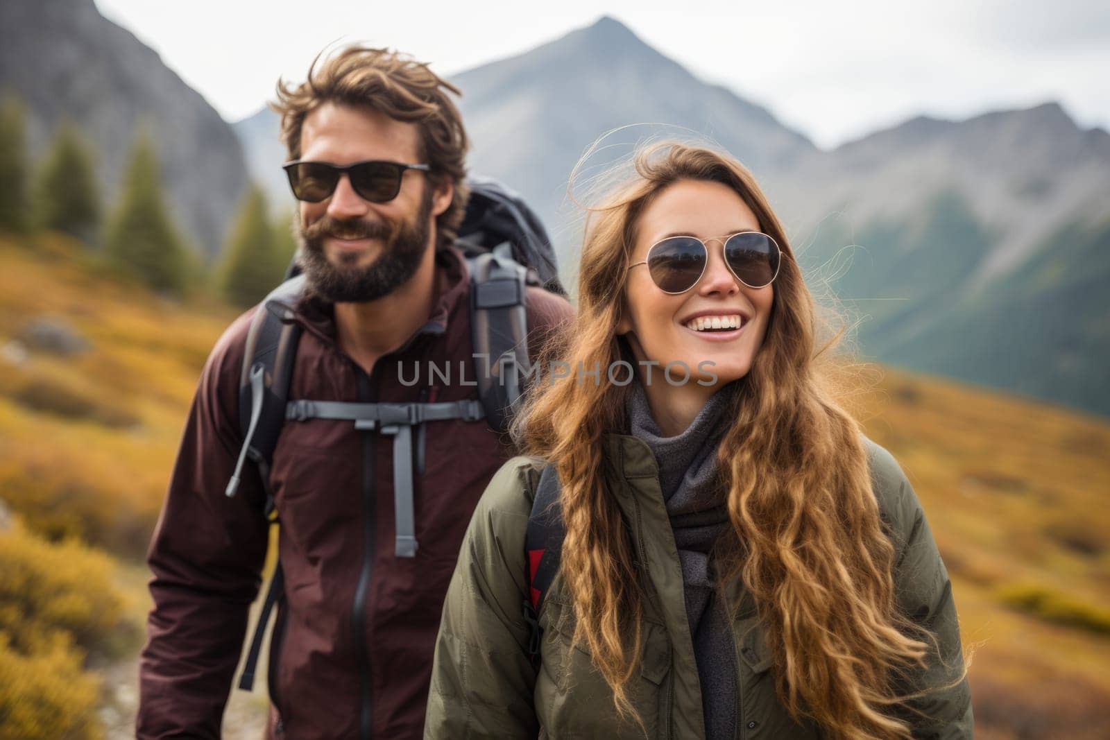 Couple hiking in mountains in winter. AI Generated by Desperada