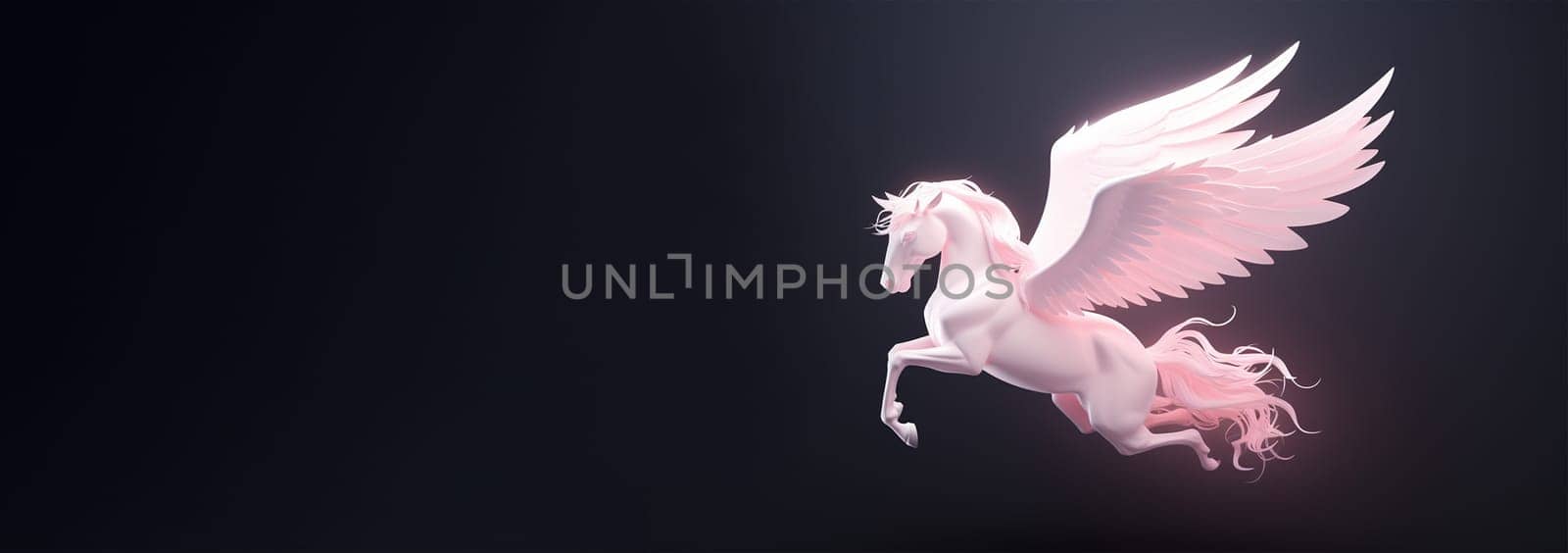 White pink glowing cartoon pegasus. winged unicorn, pony magical horse wings, cute flying horses pink begasus for little princess, magic children character illustration of pegasus cartoon horse pastel design Copy space