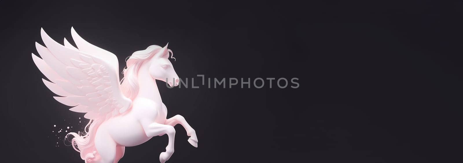 White pink glowing cartoon pegasus. winged unicorn, pony magical horse wings, cute flying horses pink begasus for little princess, magic children character illustration of pegasus cartoon horse pastel design Copy space