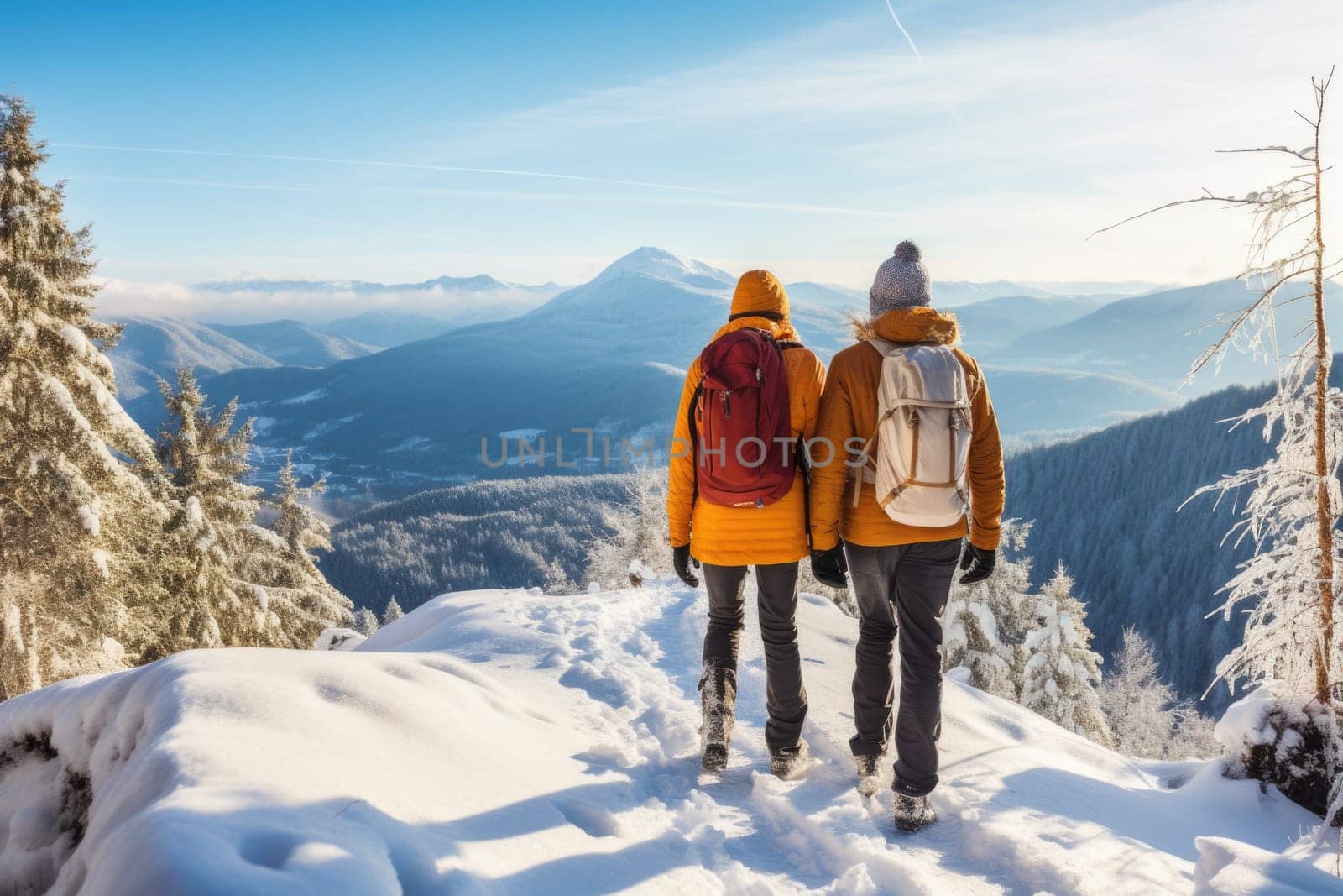 Eco travel and responsible tourism. Couple hiking in mountains in winter, rear view. AI Generated