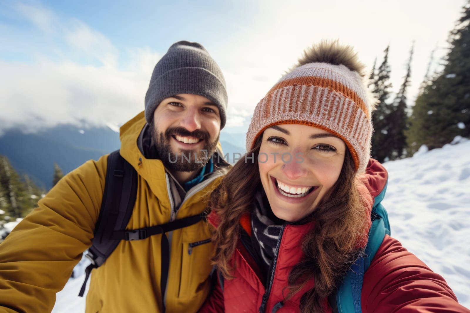 Eco travel and responsible tourism. Couple hiking in mountains in winter. AI Generated