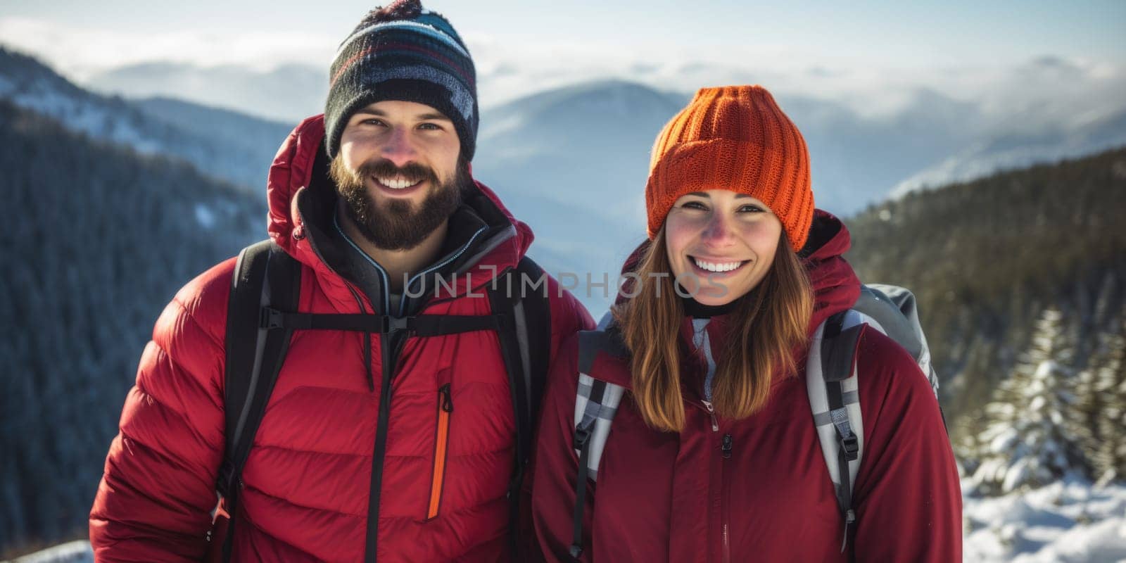 Eco travel and responsible tourism. Couple hiking in mountains in winter. AI Generated