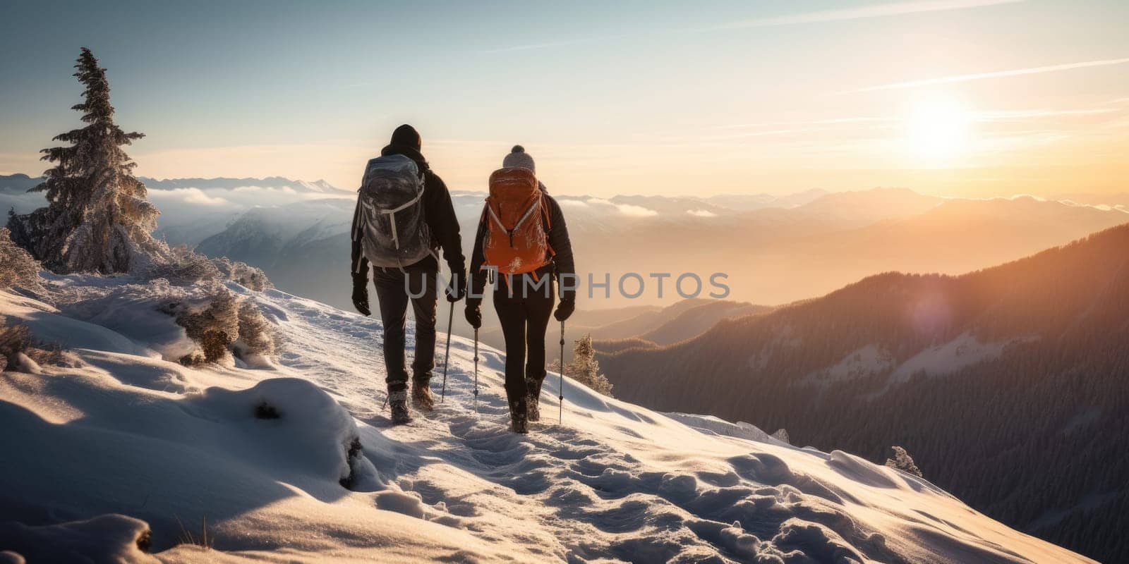 Eco travel and responsible tourism. Couple hiking in mountains in winter, rear view. AI Generated