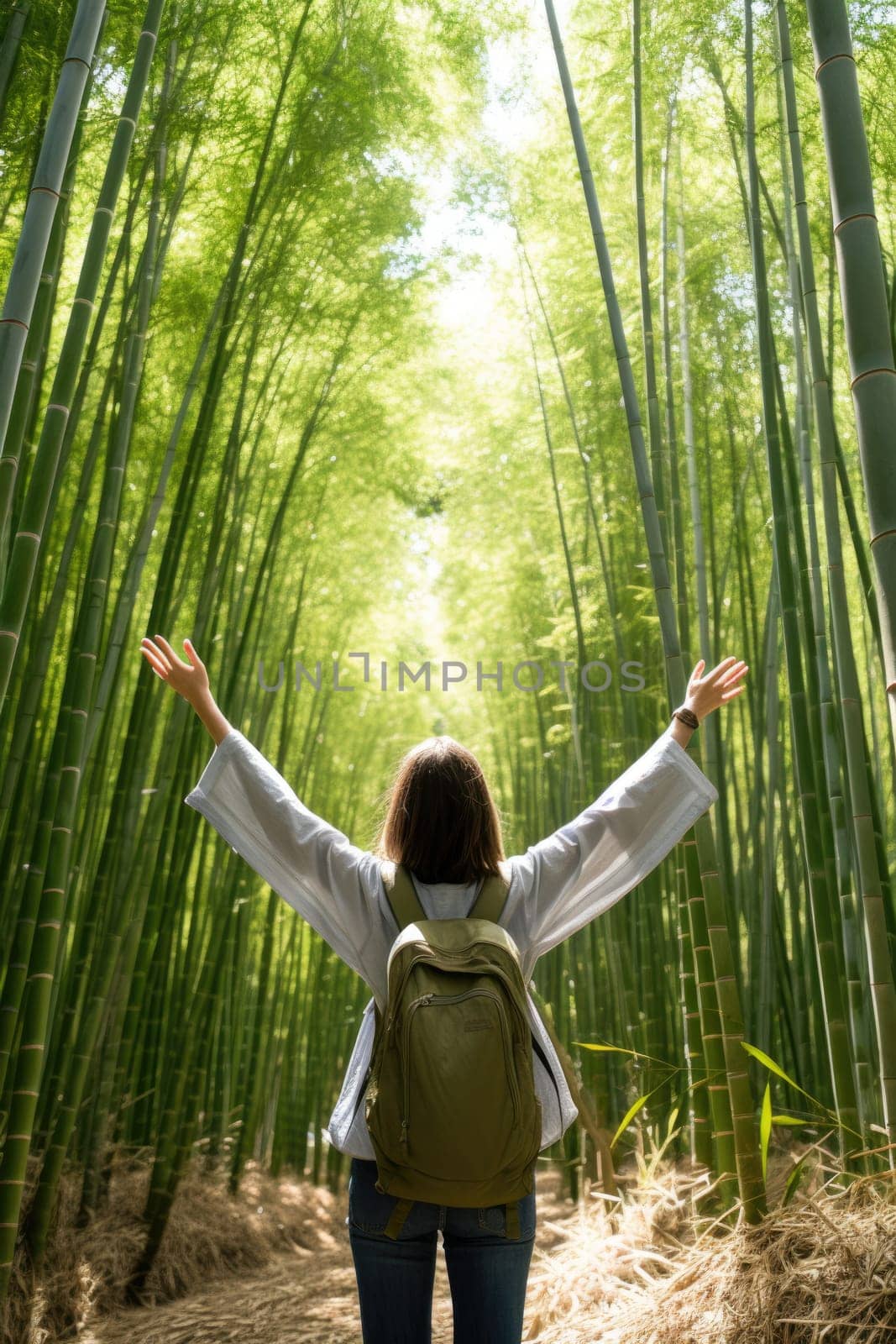 Eco travel and responsible tourism. Asian woman walking at Bamboo Forest raising hands, rear view. AI Generated