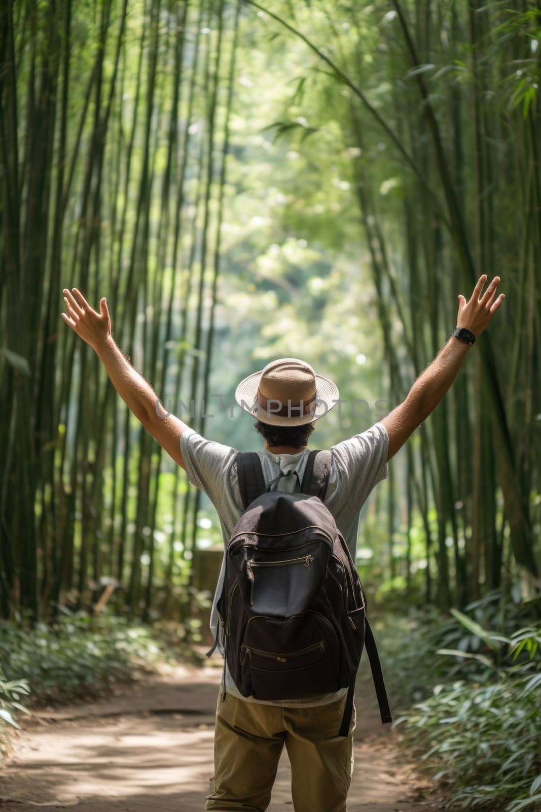Eco travel and responsible tourism. Asian man walking at Bamboo Forest raising hands, rear view. AI Generated