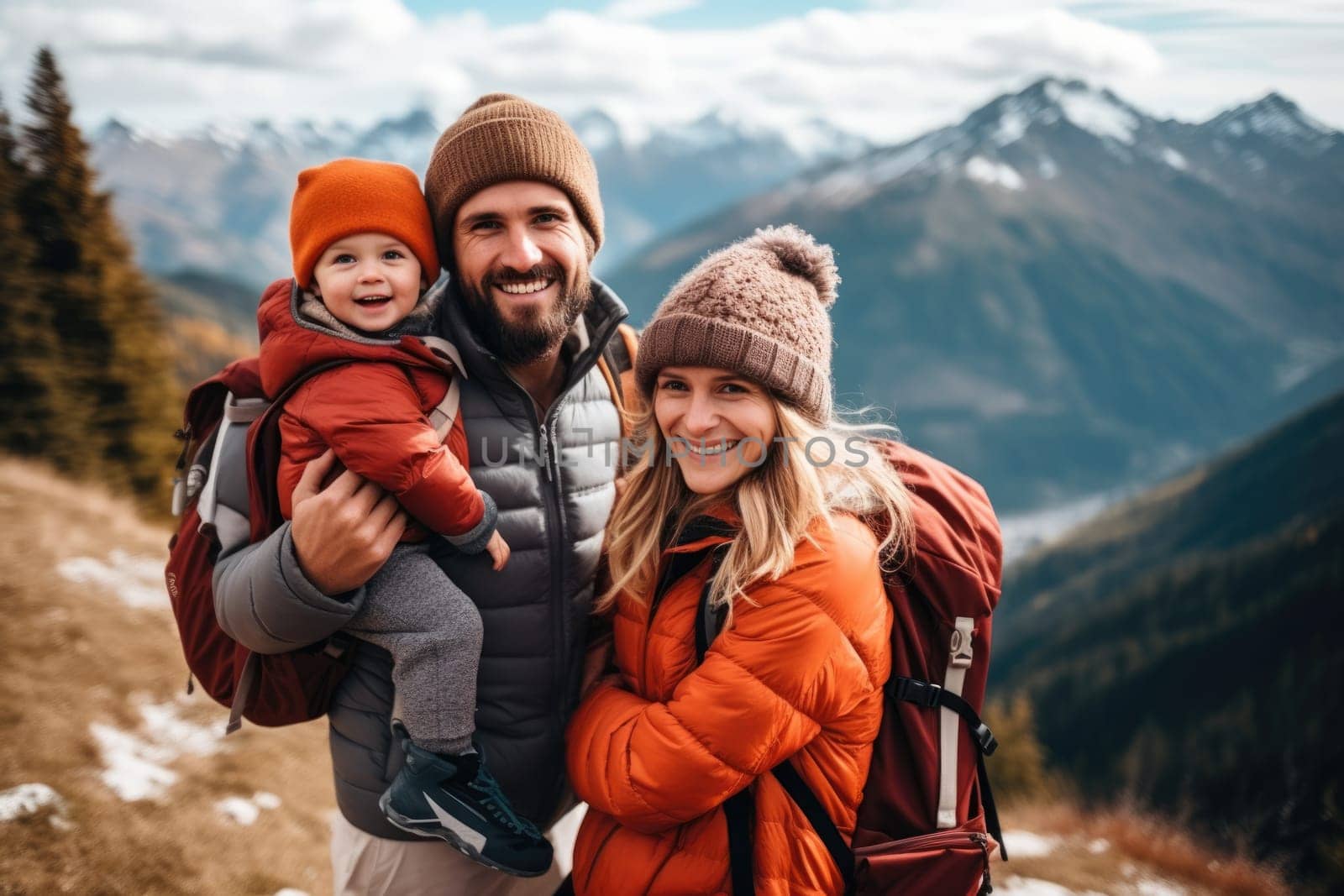 Happy family with father, mother and baby walks in mountains together. AI Generated by Desperada
