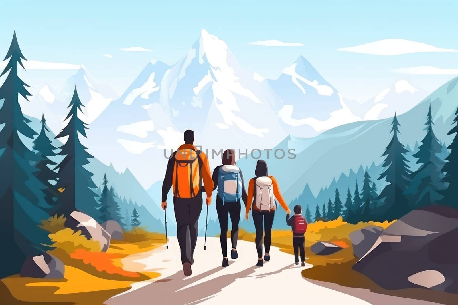 Happy family with father, mother and baby walks in mountains together. AI Generated by Desperada