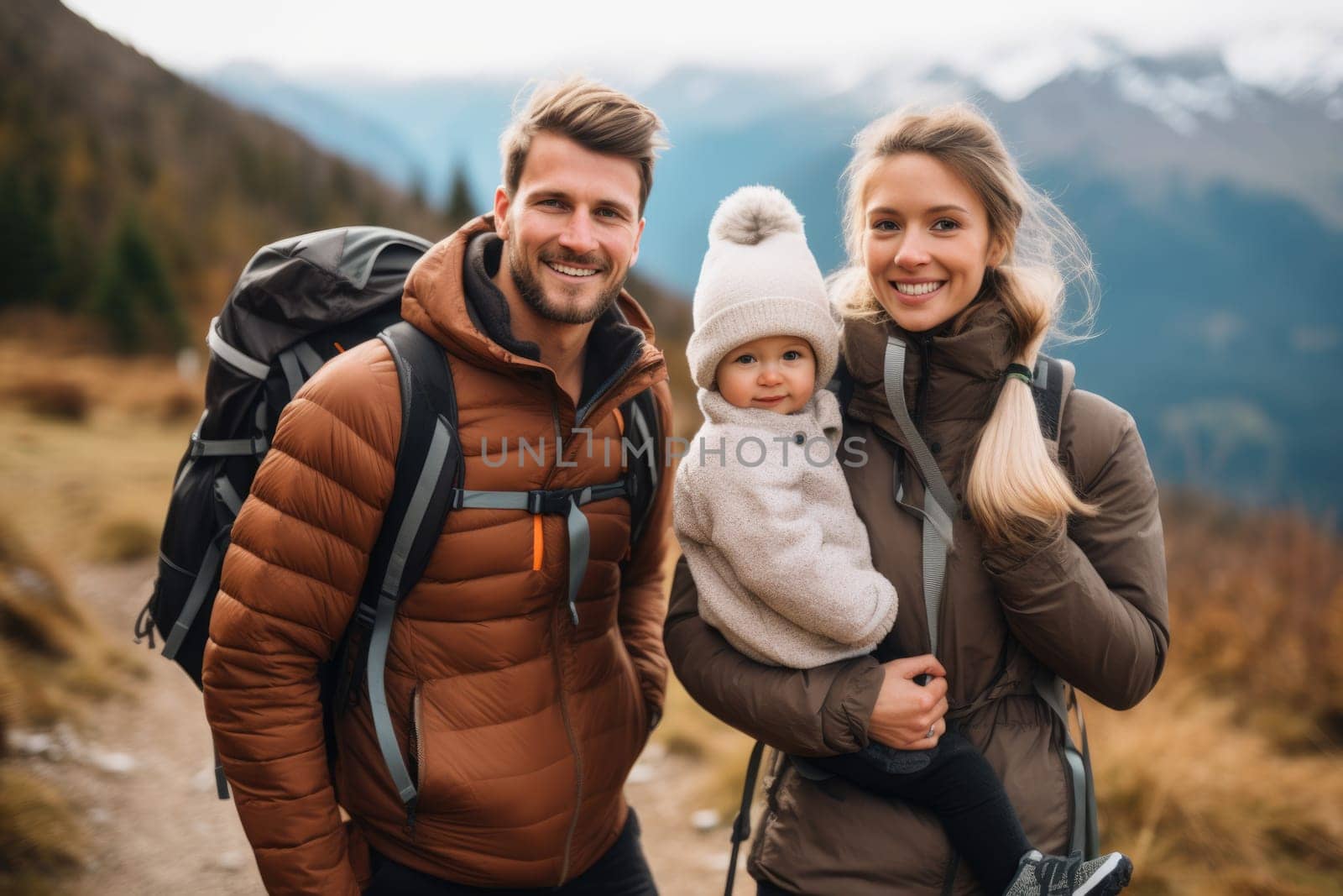 Eco travel and responsible tourism. Happy family with father, mother and baby walks in mountains together. AI Generated