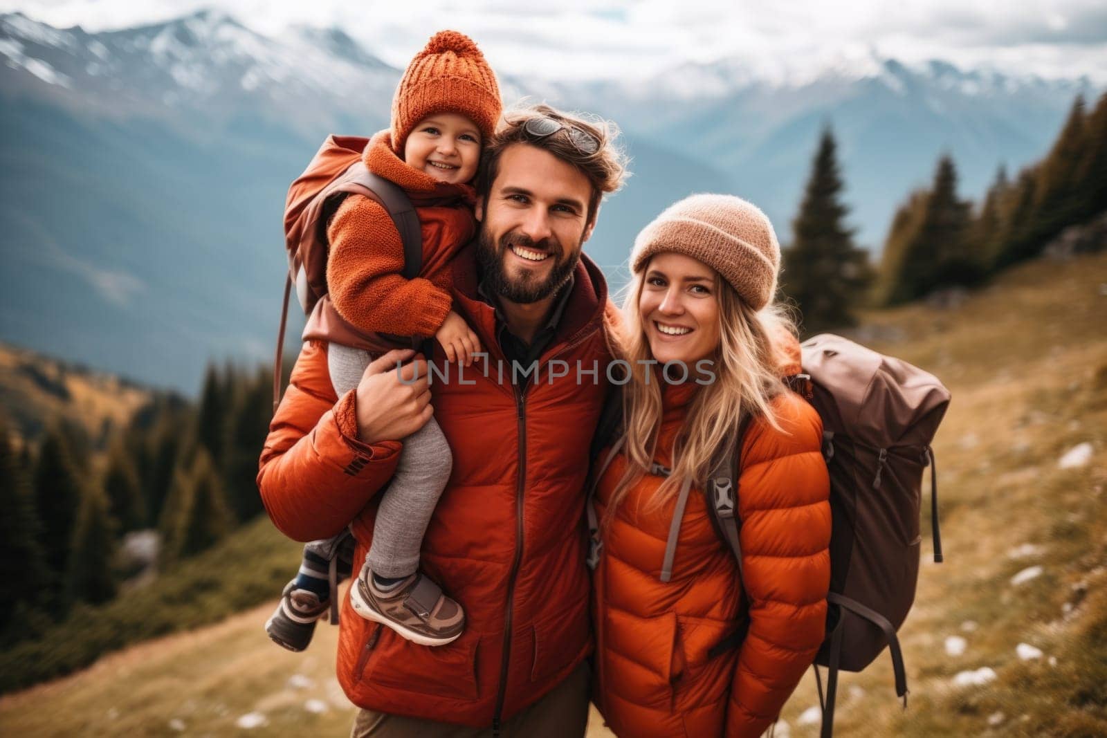 Eco travel and responsible tourism. Happy family with father, mother and baby walks in mountains together. AI Generated